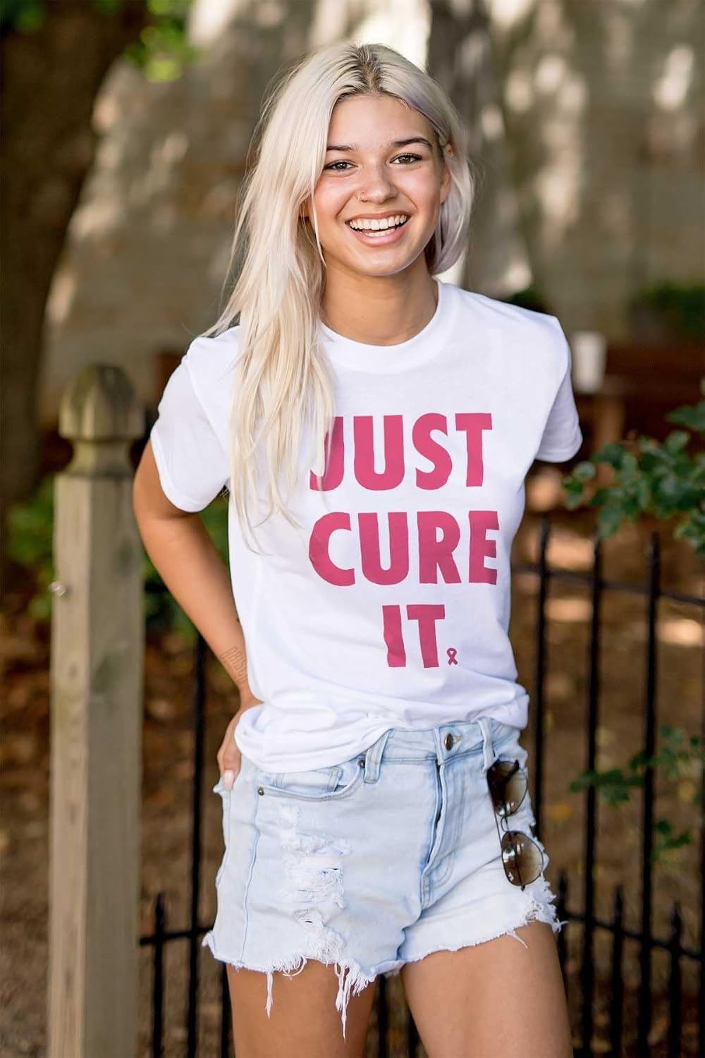 image:imageBrisco Brands Breast Cancer Awareness Just Cure It Womens Graphic T Shirt TeesWhite