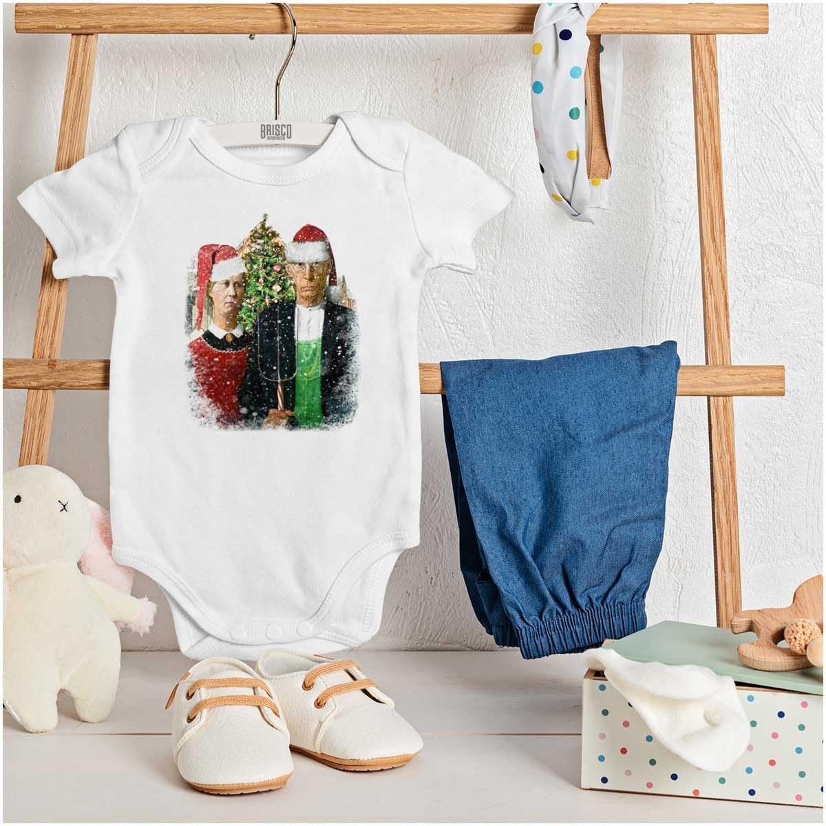 image:imageBrisco Brands Christmas Gothic Art Xmas Couple Baby Romper Boys or GirlsWhite