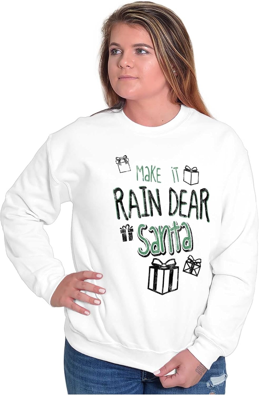image:imageBrisco Brands Christmas Make It Rain Dear Santa Sweatshirt for Men or WomenWhite