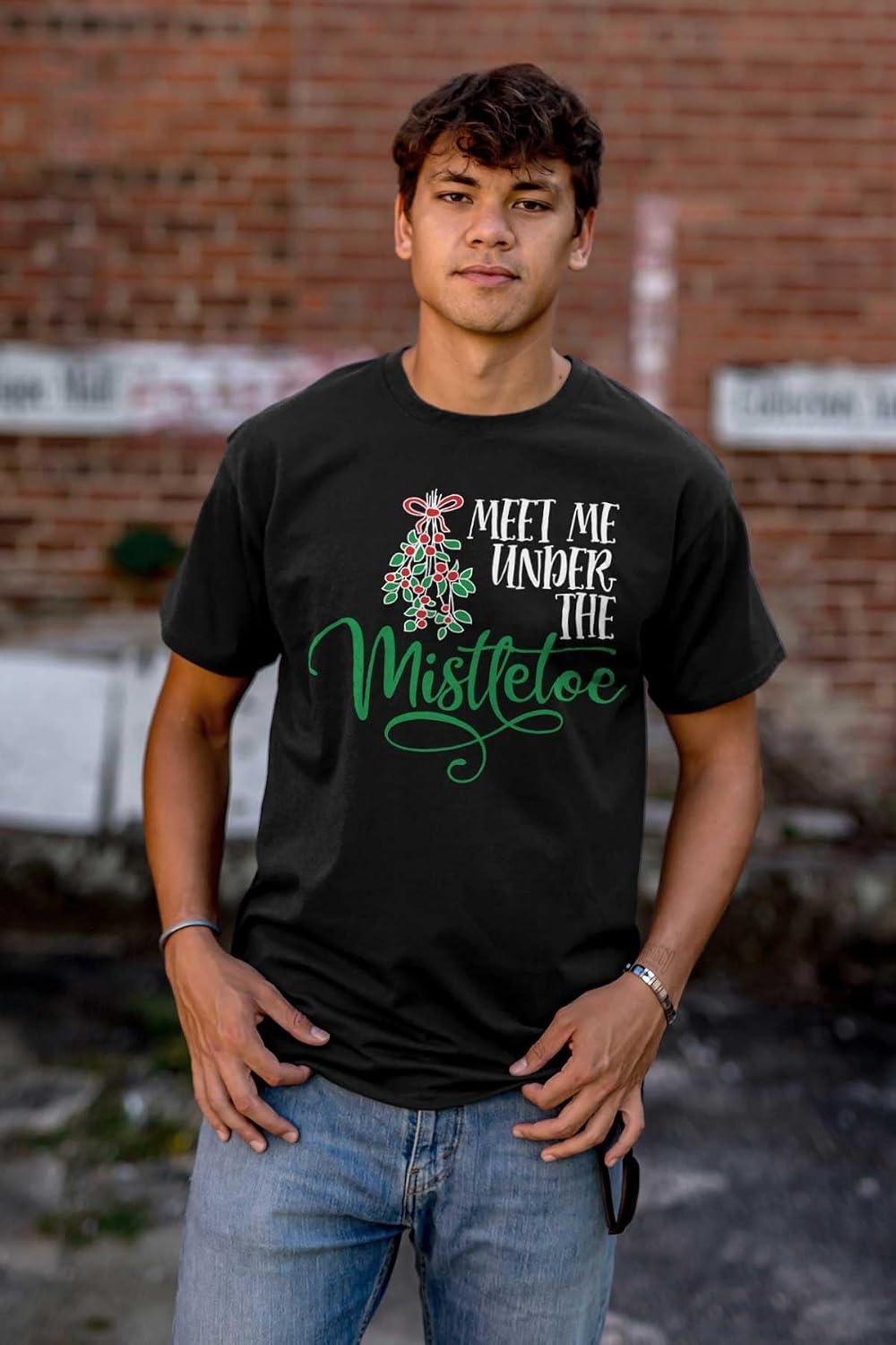 image:imageBrisco Brands Christmas Meet Me Under The Mistletoe Graphic T Shirt Men or WomenBlack