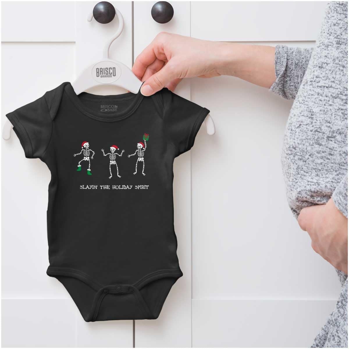 image:imageBrisco Brands Christmas Skeletons Holiday Spirit Baby Romper Boys or GirlsBlack