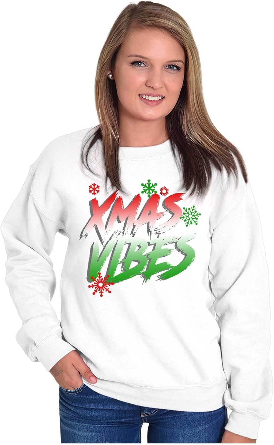 image:imageBrisco Brands Christmas Snowflakes Xmas Vibes Sweatshirt for Men or WomenWhite