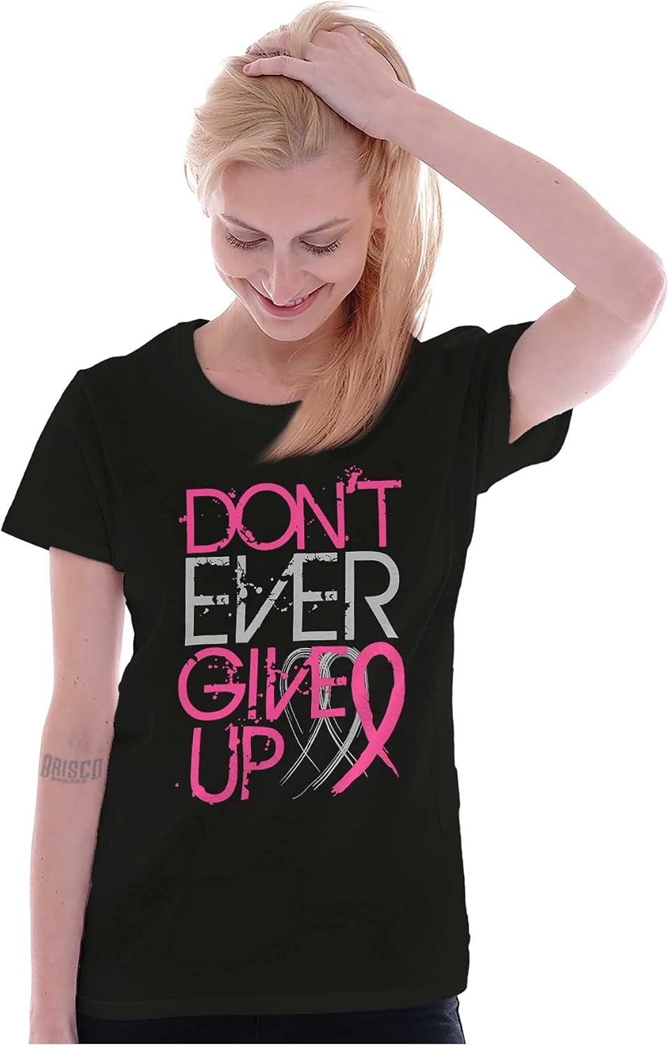 image:imageBrisco Brands Dont Give Up Breast Cancer Awareness Womens Slim Fit Graphic TeeBlack
