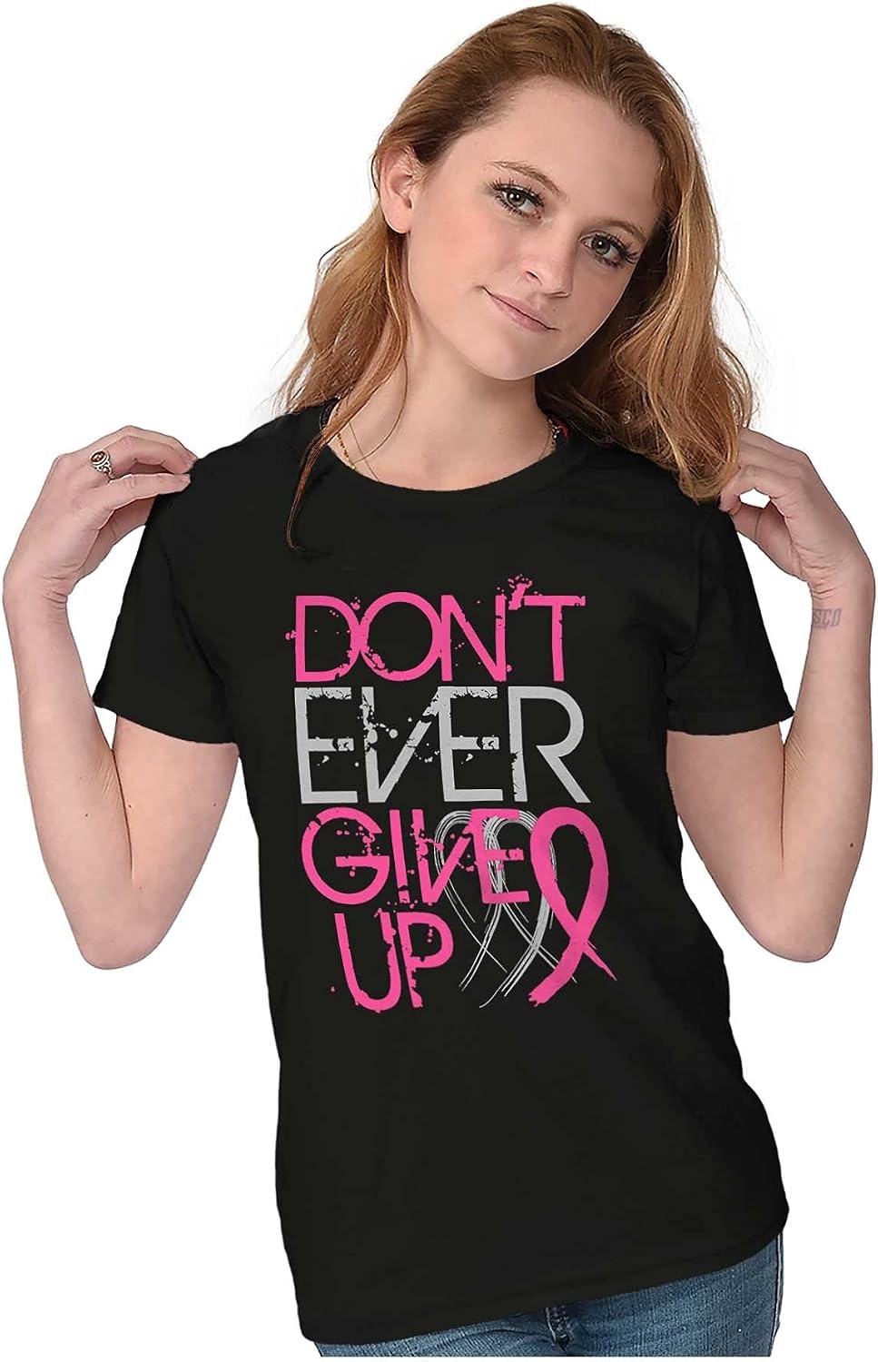 image:imageBrisco Brands Dont Give Up Breast Cancer Awareness Womens Slim Fit Graphic TeeBlack