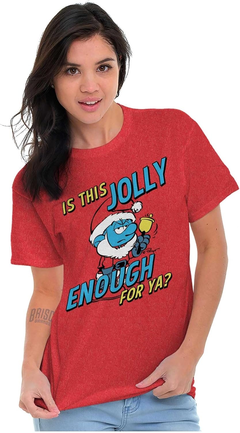 image:imageBrisco Brands Grumpy Smurf Jolly Enough Xmas Santa Graphic T Shirt Men or WomenHeather Red
