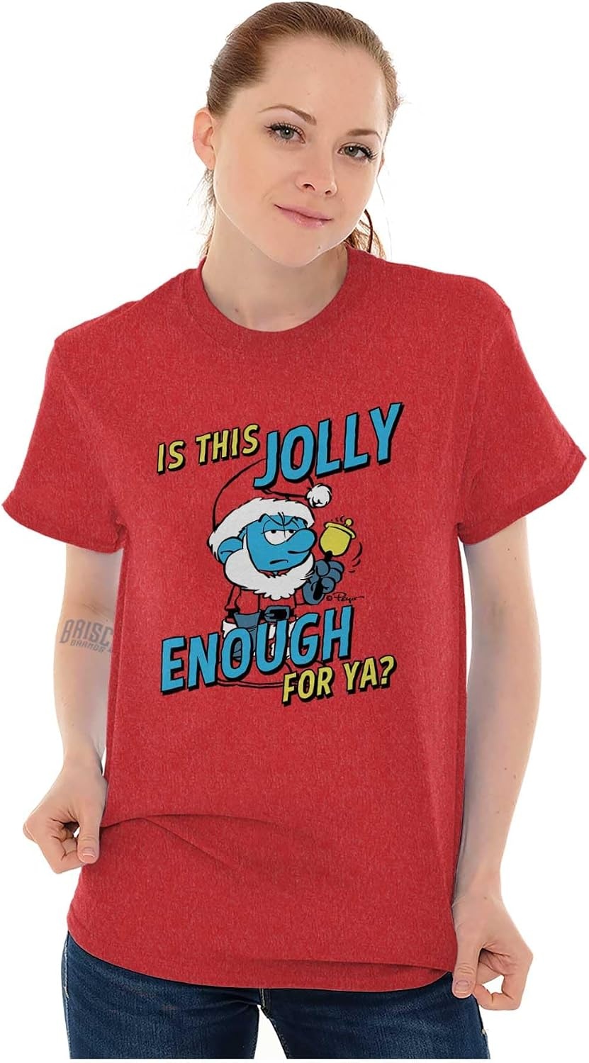 image:imageBrisco Brands Grumpy Smurf Jolly Enough Xmas Santa Graphic T Shirt Men or WomenHeather Red