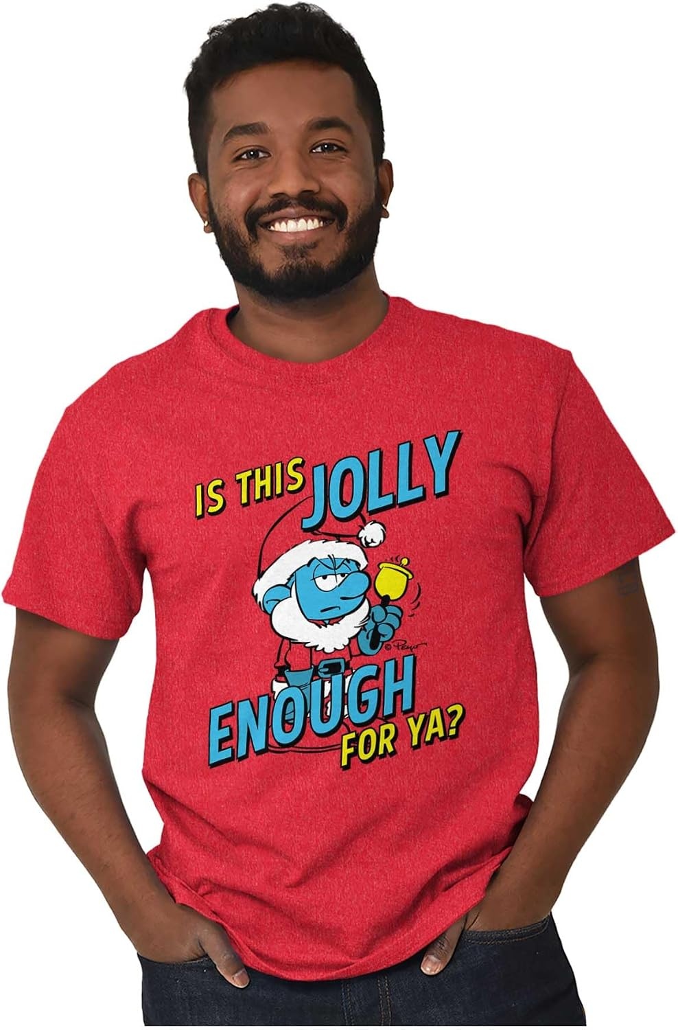 image:imageBrisco Brands Grumpy Smurf Jolly Enough Xmas Santa Graphic T Shirt Men or WomenHeather Red