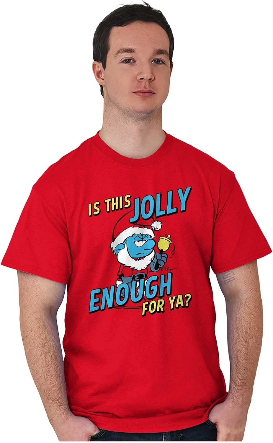 image:imageBrisco Brands Grumpy Smurf Jolly Enough Xmas Santa Graphic T Shirt Men or WomenRed
