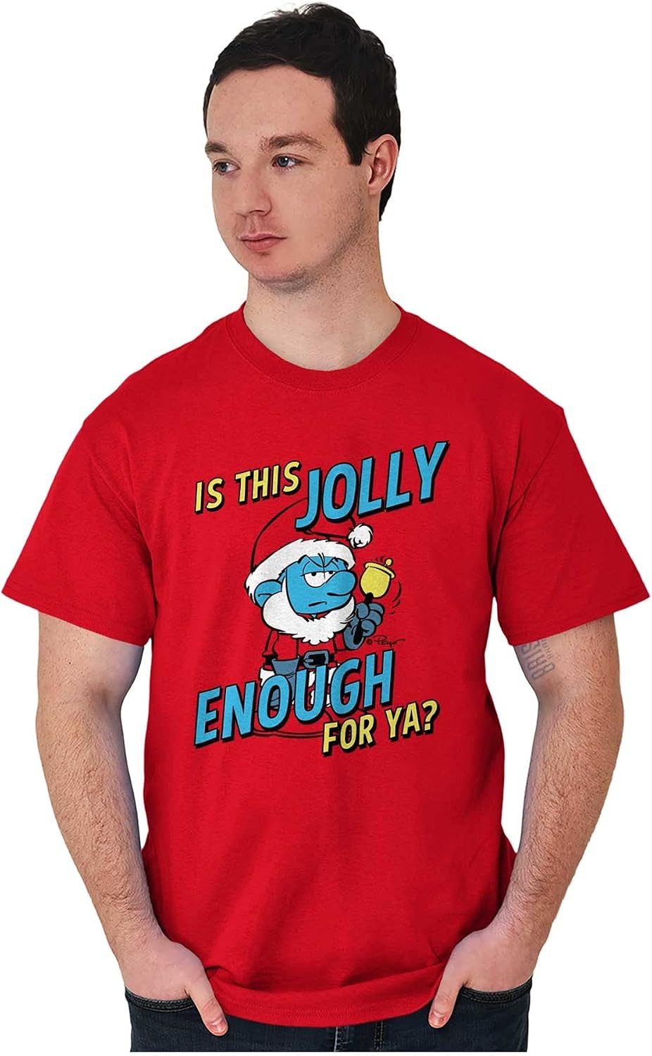 image:imageBrisco Brands Grumpy Smurf Jolly Enough Xmas Santa Graphic T Shirt Men or WomenRed