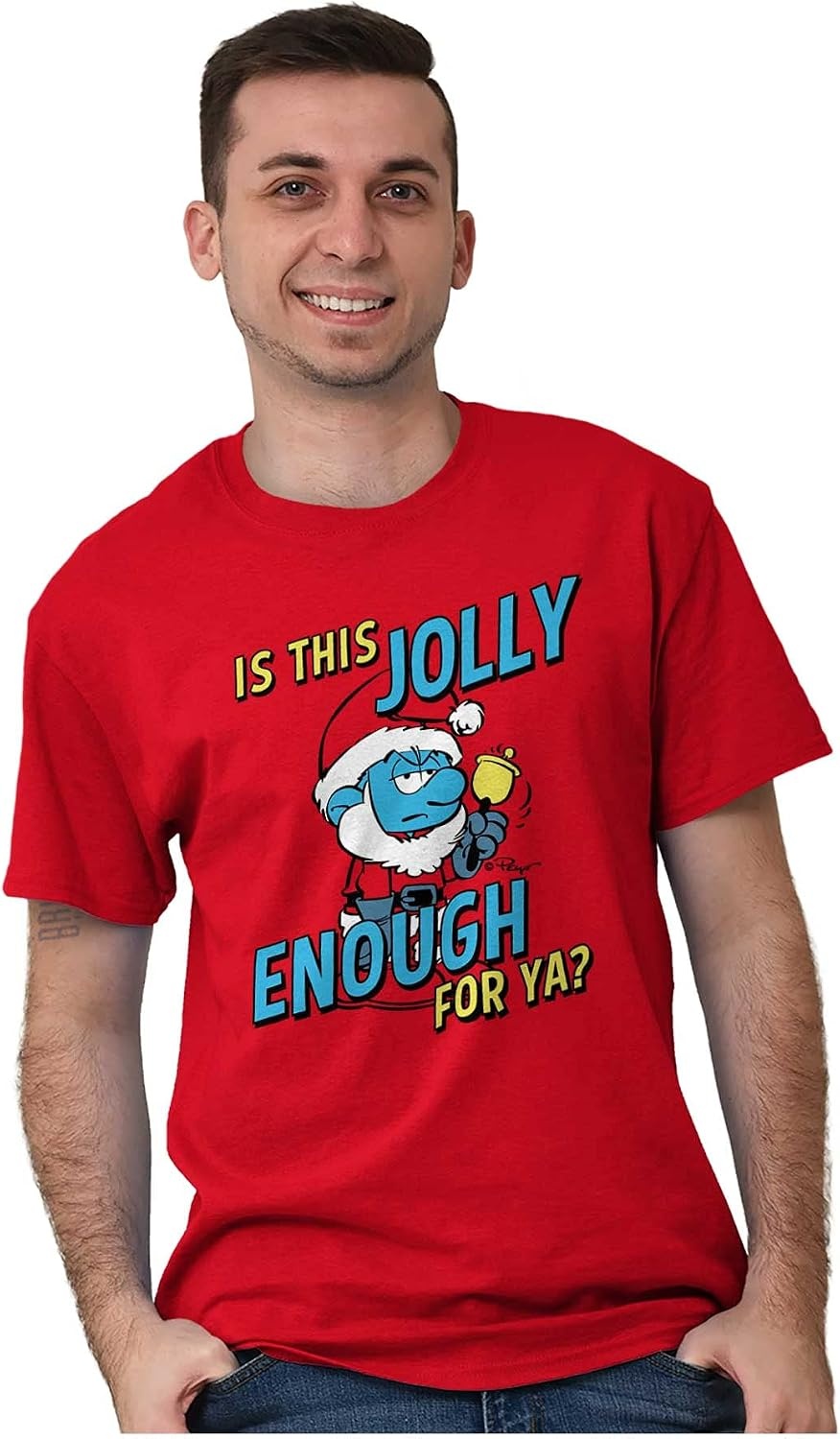 image:imageBrisco Brands Grumpy Smurf Jolly Enough Xmas Santa Graphic T Shirt Men or WomenRed