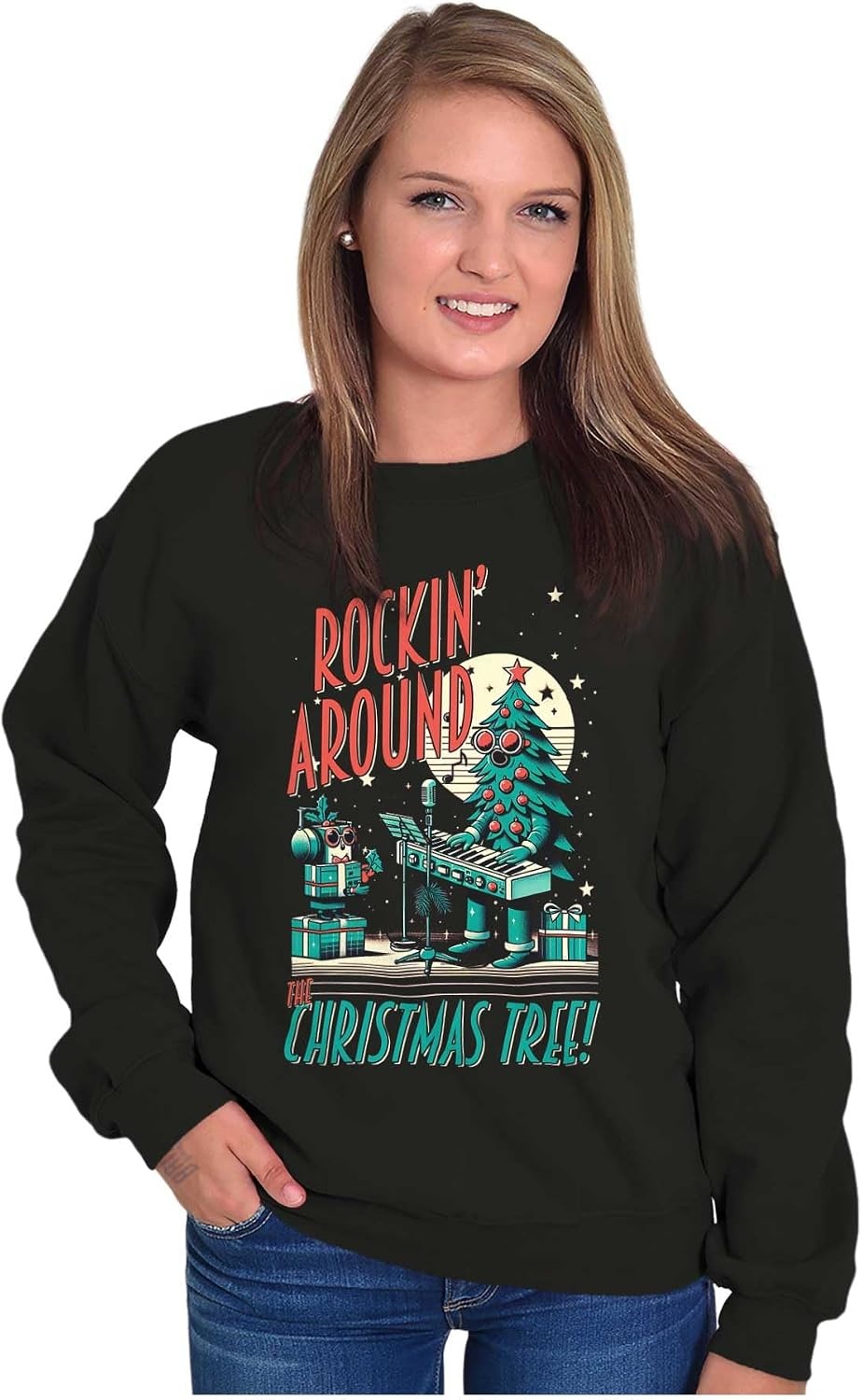 image:imageBrisco Brands Rocking Around The Christmas Tree Sweatshirt for Men or WomenBlack