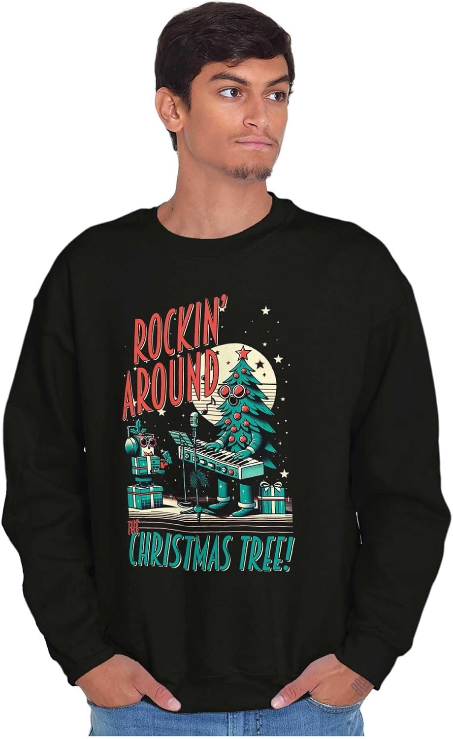 image:imageBrisco Brands Rocking Around The Christmas Tree Sweatshirt for Men or WomenBlack