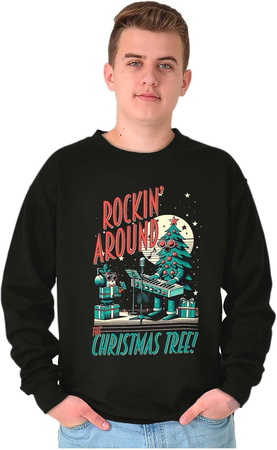 image:imageBrisco Brands Rocking Around The Christmas Tree Sweatshirt for Men or WomenBlack