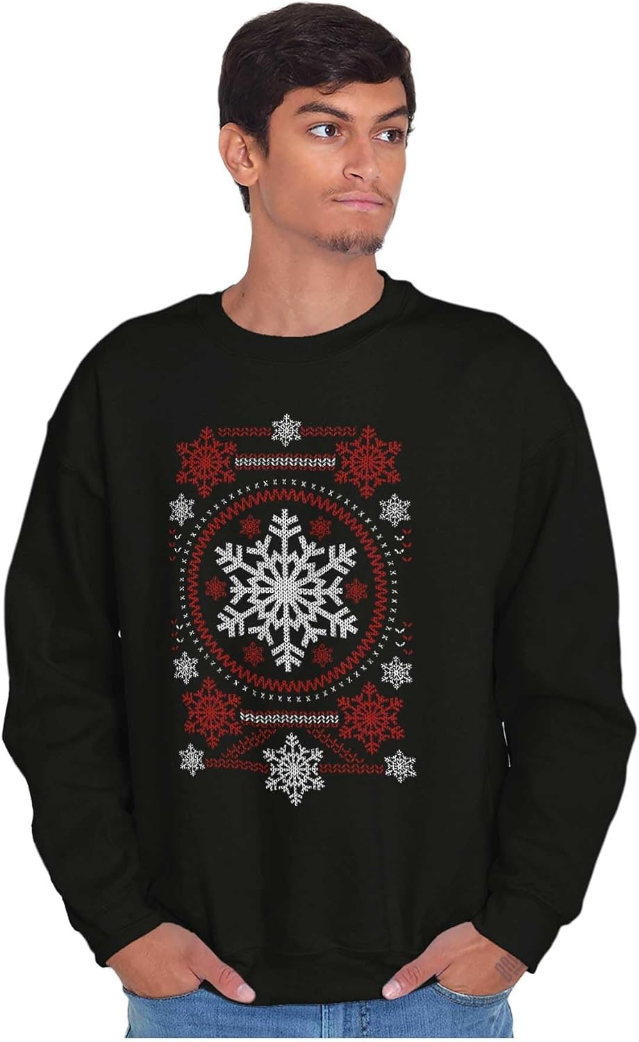 image:imageBrisco Brands Ugly Christmas Snowflake Pattern Sweatshirt for Men or WomenBlack