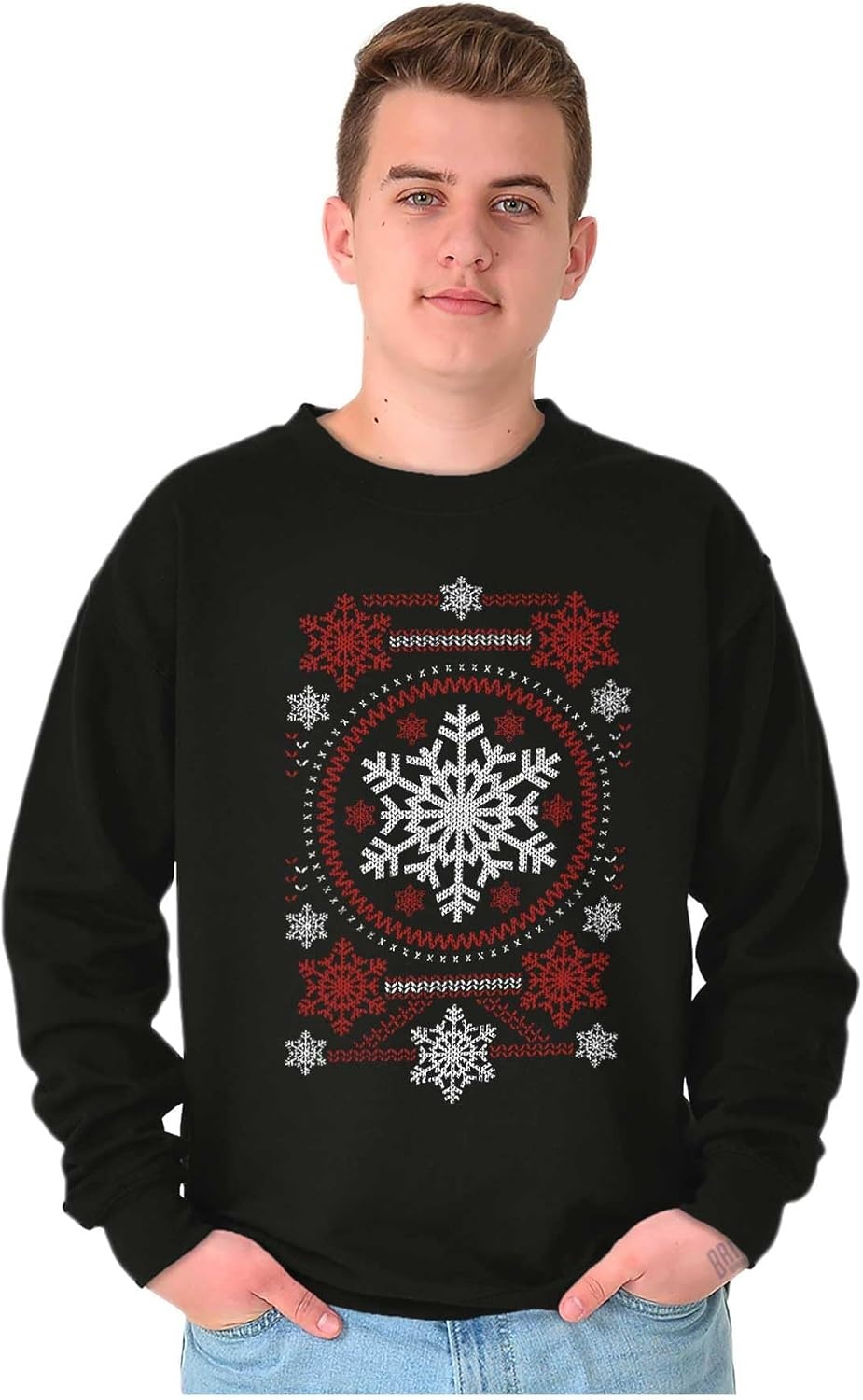 image:imageBrisco Brands Ugly Christmas Snowflake Pattern Sweatshirt for Men or WomenBlack