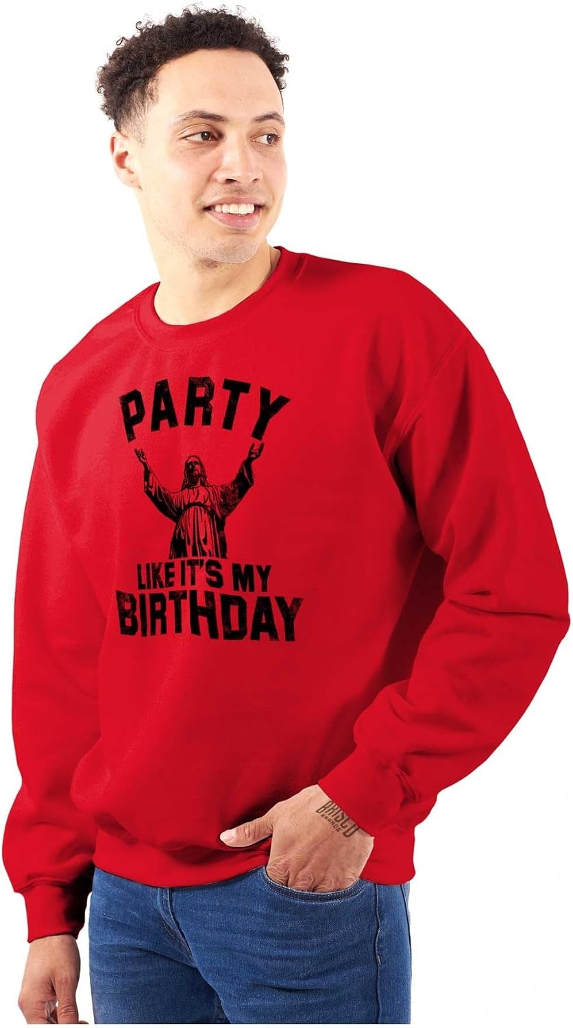 image:imageBrisco Brands Xmas Party Like Its My Birthday Jesus Sweatshirt for Men or WomenRed