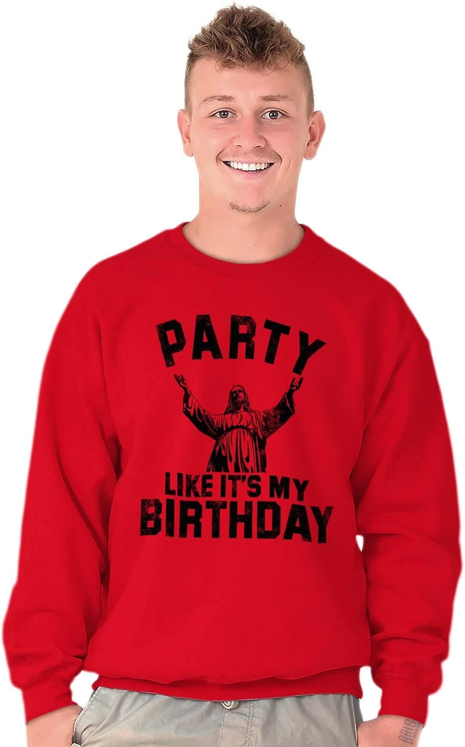 image:imageBrisco Brands Xmas Party Like Its My Birthday Jesus Sweatshirt for Men or WomenRed