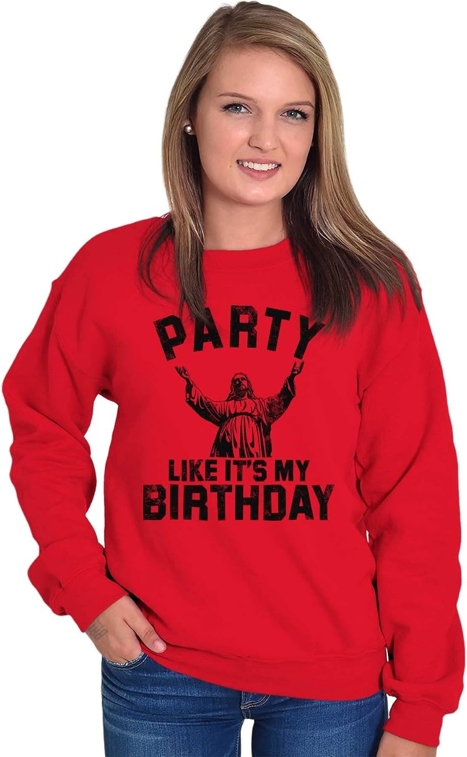 image:imageBrisco Brands Xmas Party Like Its My Birthday Jesus Sweatshirt for Men or WomenRed