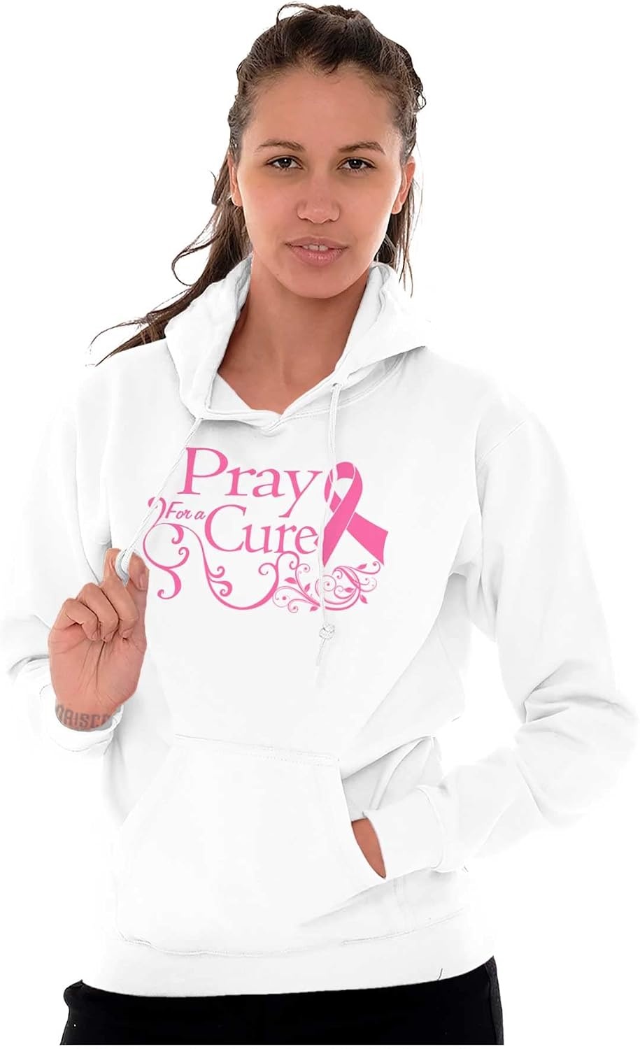 image:imageClassic Teaze Pray For A Cure Breast Cancer Support Hoodie Sweatshirt WomenWhite