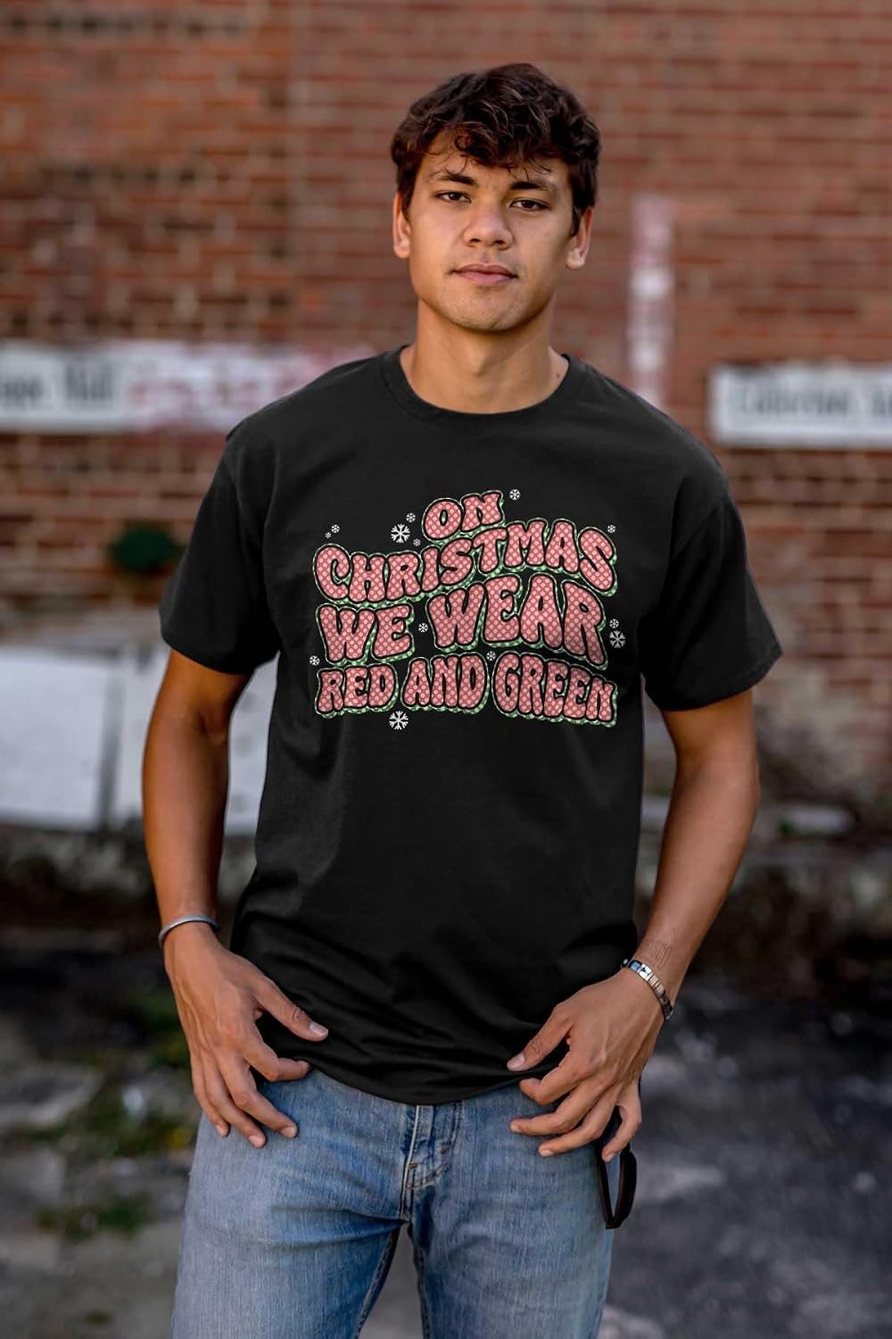 image:imageOn Christmas We Wear Red and Green Graphic T Shirt Men or WomenBlack
