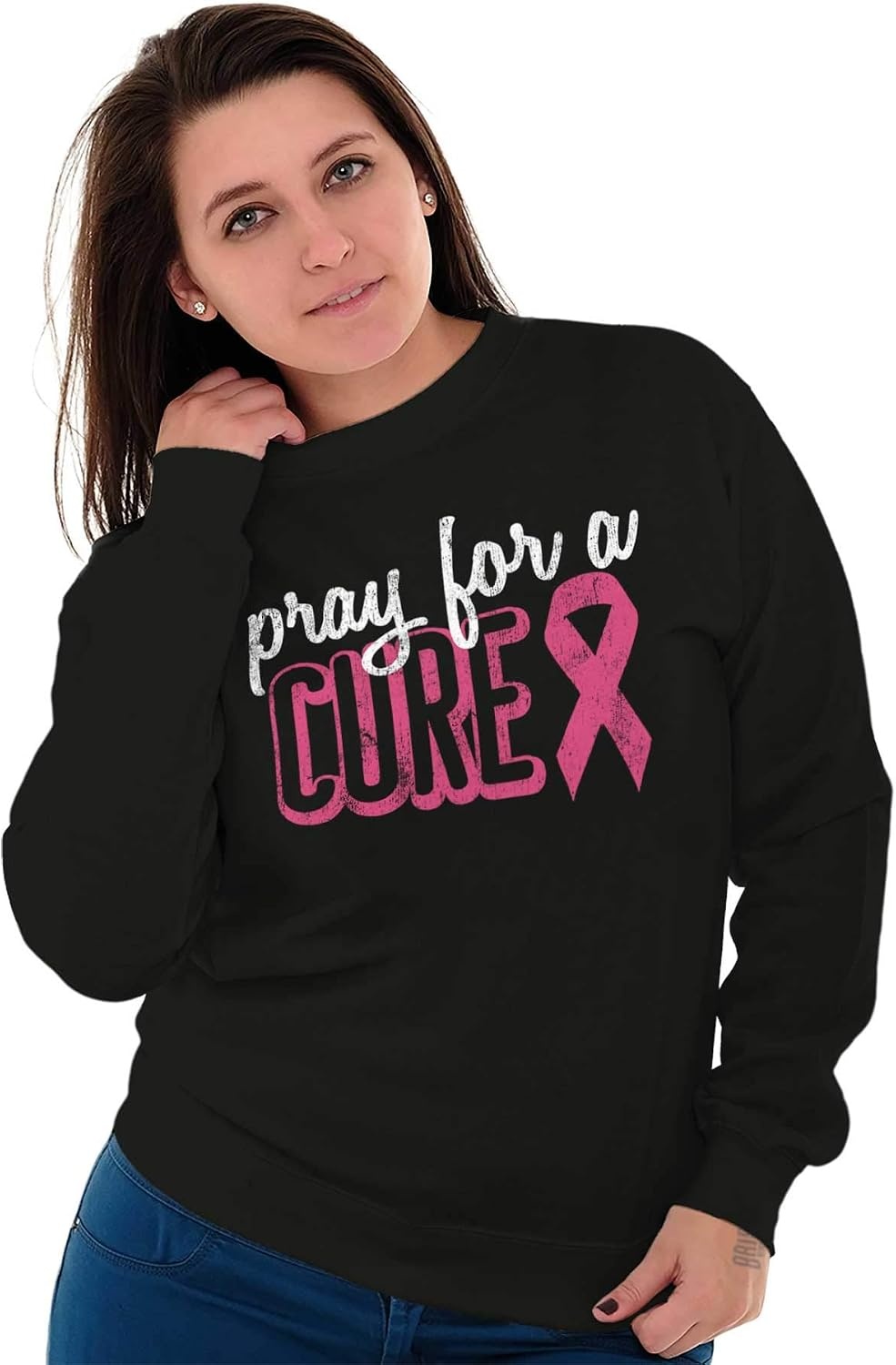 image:imagePray For A Cure Breast Cancer Aware Women Crewneck SweatshirtBlack