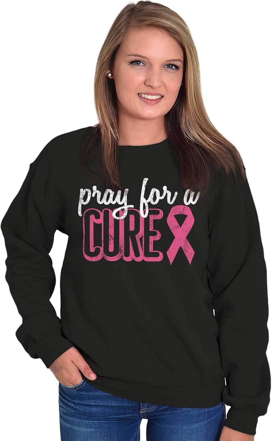 image:imagePray For A Cure Breast Cancer Aware Women Crewneck SweatshirtBlack