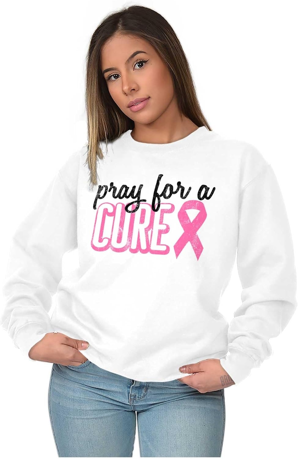 image:imagePray For A Cure Breast Cancer Aware Women Crewneck SweatshirtWhite