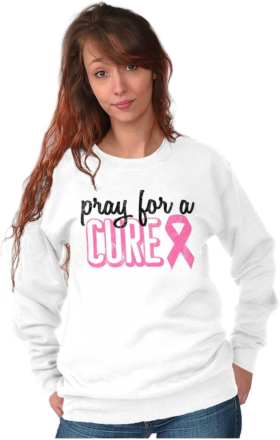 image:imagePray For A Cure Breast Cancer Aware Women Crewneck SweatshirtWhite