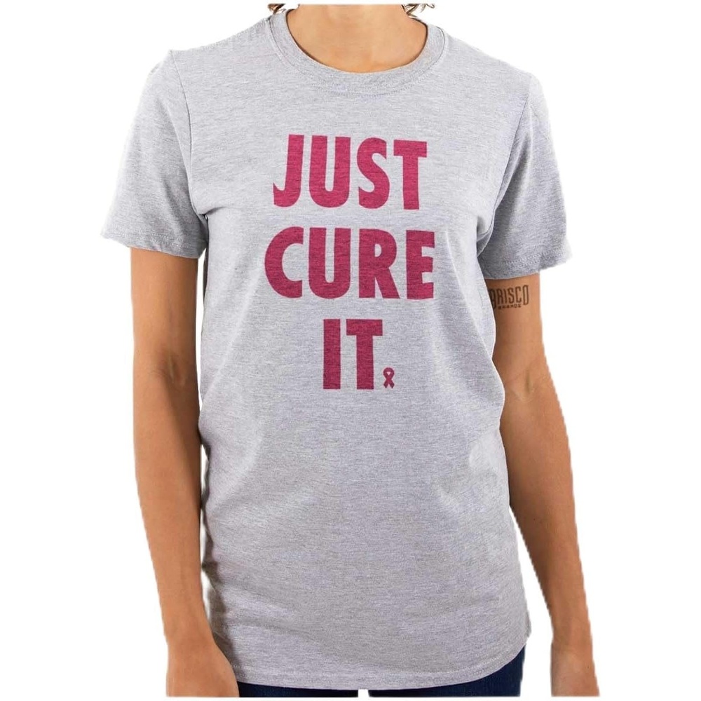 image:imageBrisco Brands Breast Cancer Awareness Just Cure It Womens Graphic T Shirt TeesSport Grey