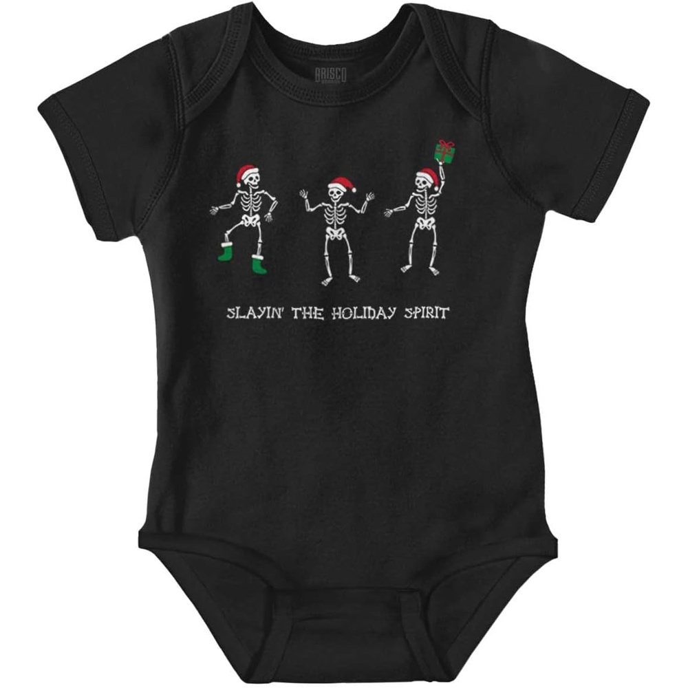 image:imageBrisco Brands Christmas Skeletons Holiday Spirit Baby Romper Boys or GirlsBlack