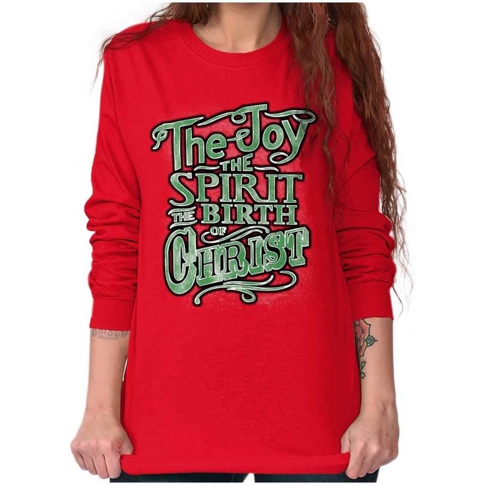 image:imageBrisco Brands Xmas Joy Spirit Birth of Jesus Christ Womens Long Sleeve T ShirtRed
