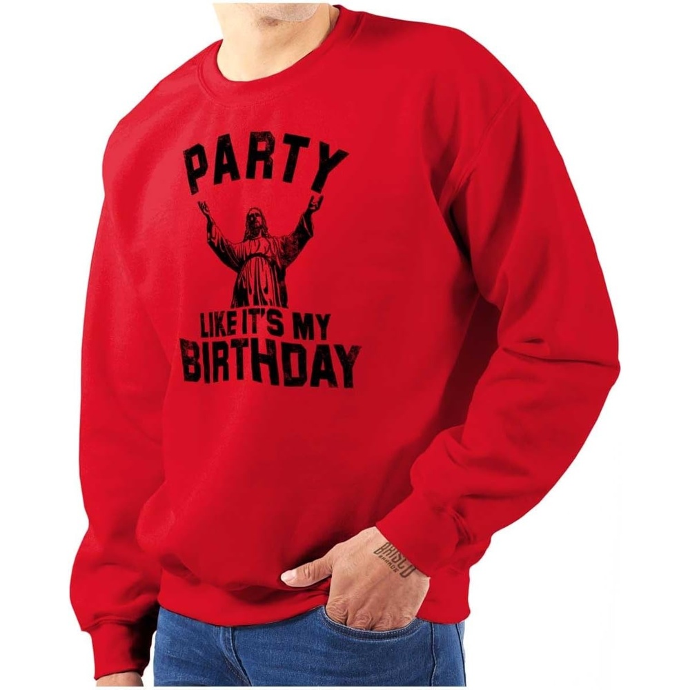 image:imageBrisco Brands Xmas Party Like Its My Birthday Jesus Sweatshirt for Men or WomenRed