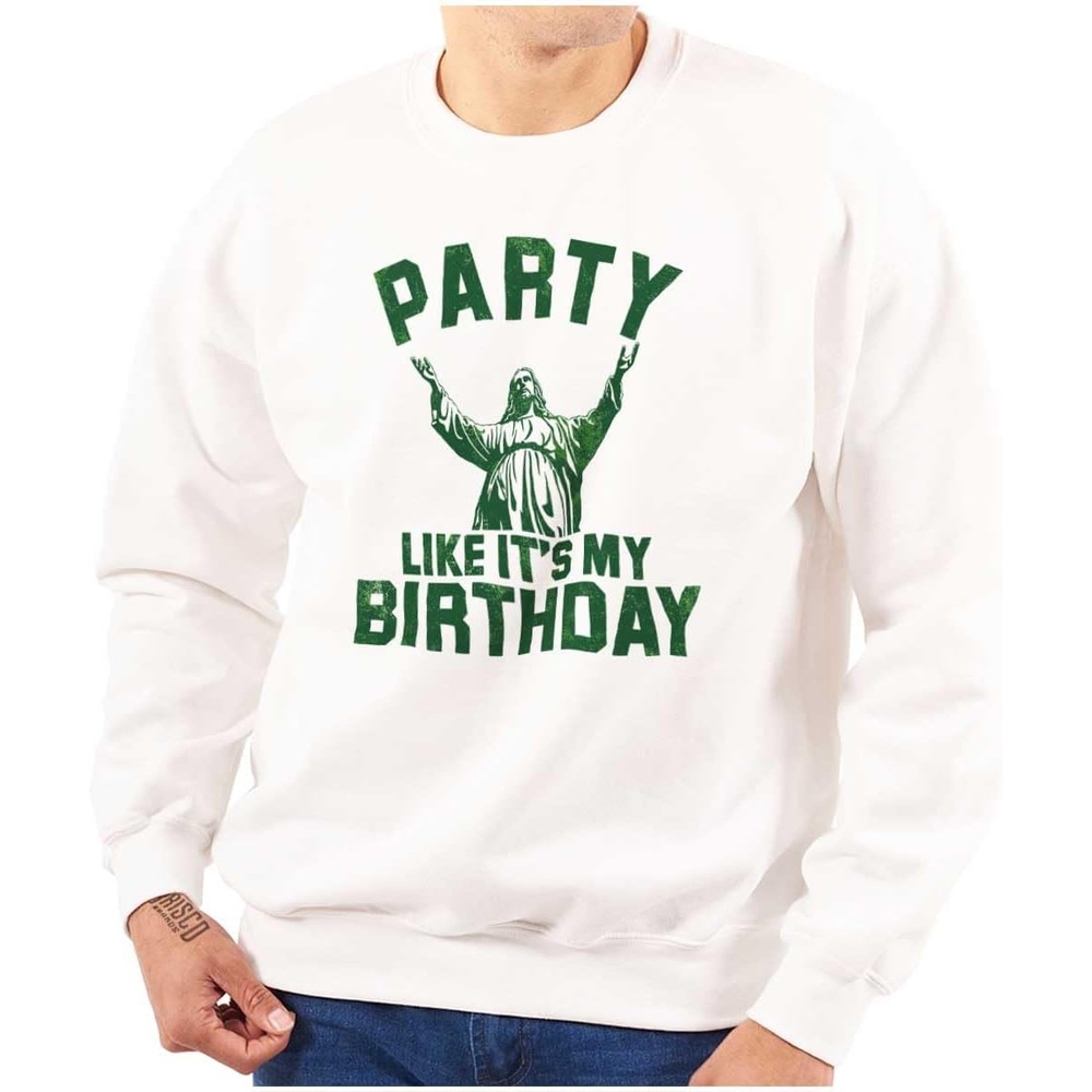 image:imageBrisco Brands Xmas Party Like Its My Birthday Jesus Sweatshirt for Men or WomenWhite