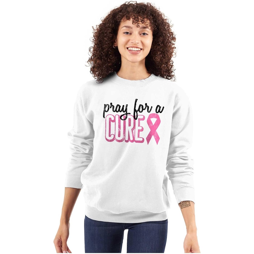 image:imagePray For A Cure Breast Cancer Aware Women Crewneck SweatshirtWhite
