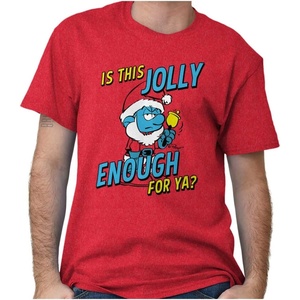 Brisco Brands Grumpy Smurf Jolly Enough Xmas Santa Graphic T Shirt Men or Women(Heather Red)