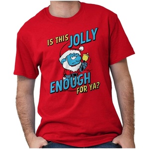 Brisco Brands Grumpy Smurf Jolly Enough Xmas Santa Graphic T Shirt Men or Women(Red)