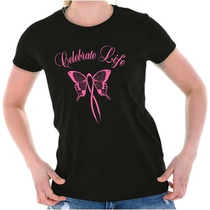 Classic Teaze Celebrate Life Breast Cancer Support Womens Slim Fit Graphic Tee(Black)