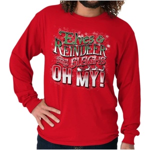 Xmas Elves Reindeer Sleighs Oh My Long Sleeve Tshirt Men Women(Red)