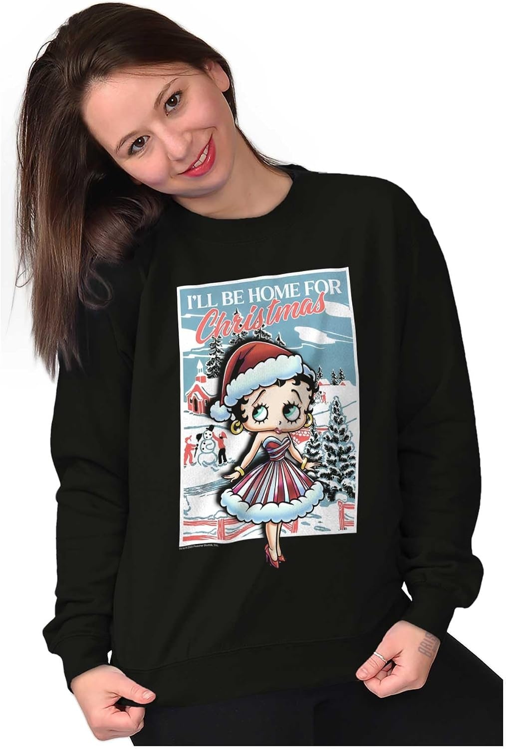 image:imageBrisco Brands Betty Boop Be Home For Christmas Women Crewneck SweatshirtBlack