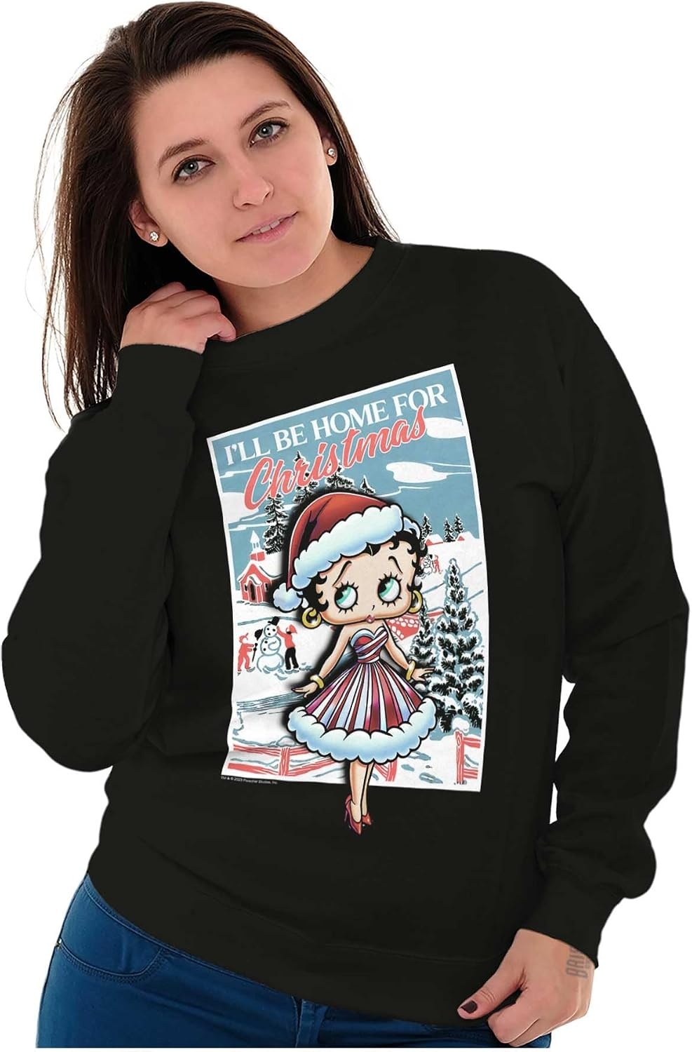 image:imageBrisco Brands Betty Boop Be Home For Christmas Women Crewneck SweatshirtBlack