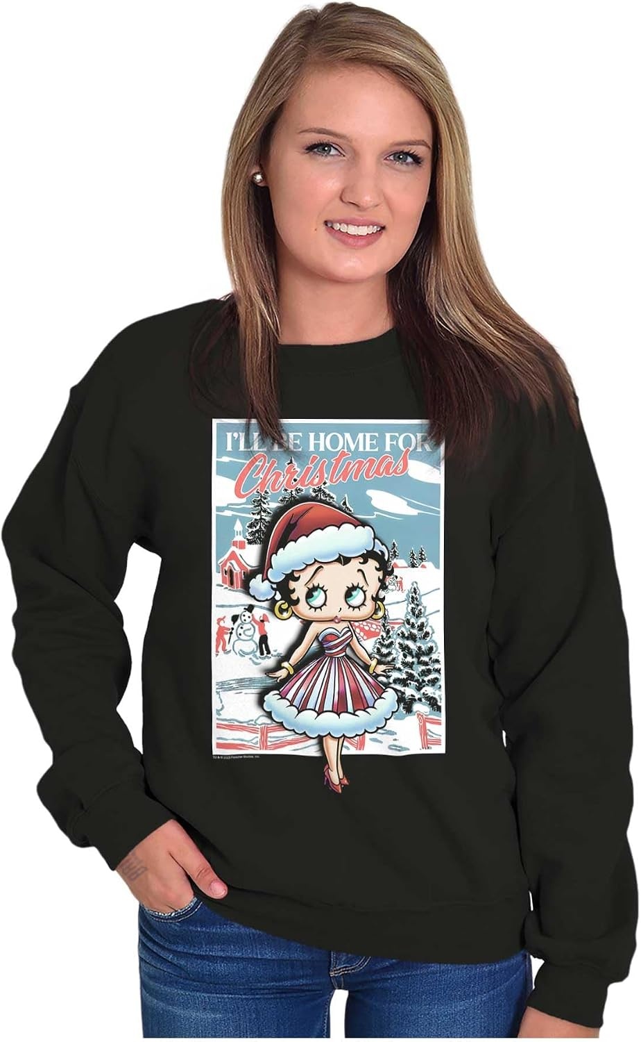 image:imageBrisco Brands Betty Boop Be Home For Christmas Women Crewneck SweatshirtBlack