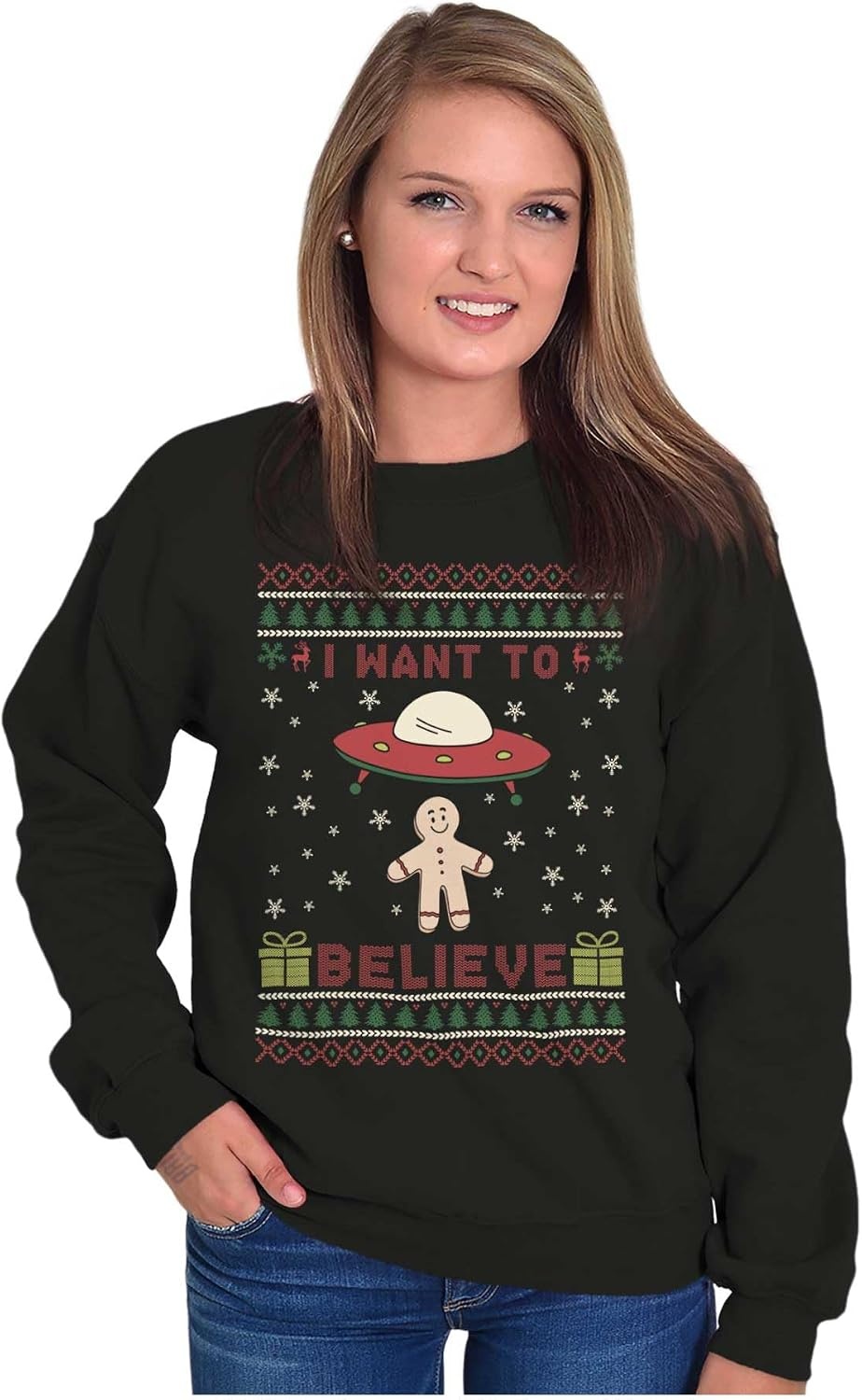 image:imageBrisco Brands Christmas Gingerbread UFO Pattern Sweatshirt for Men or WomenBlack