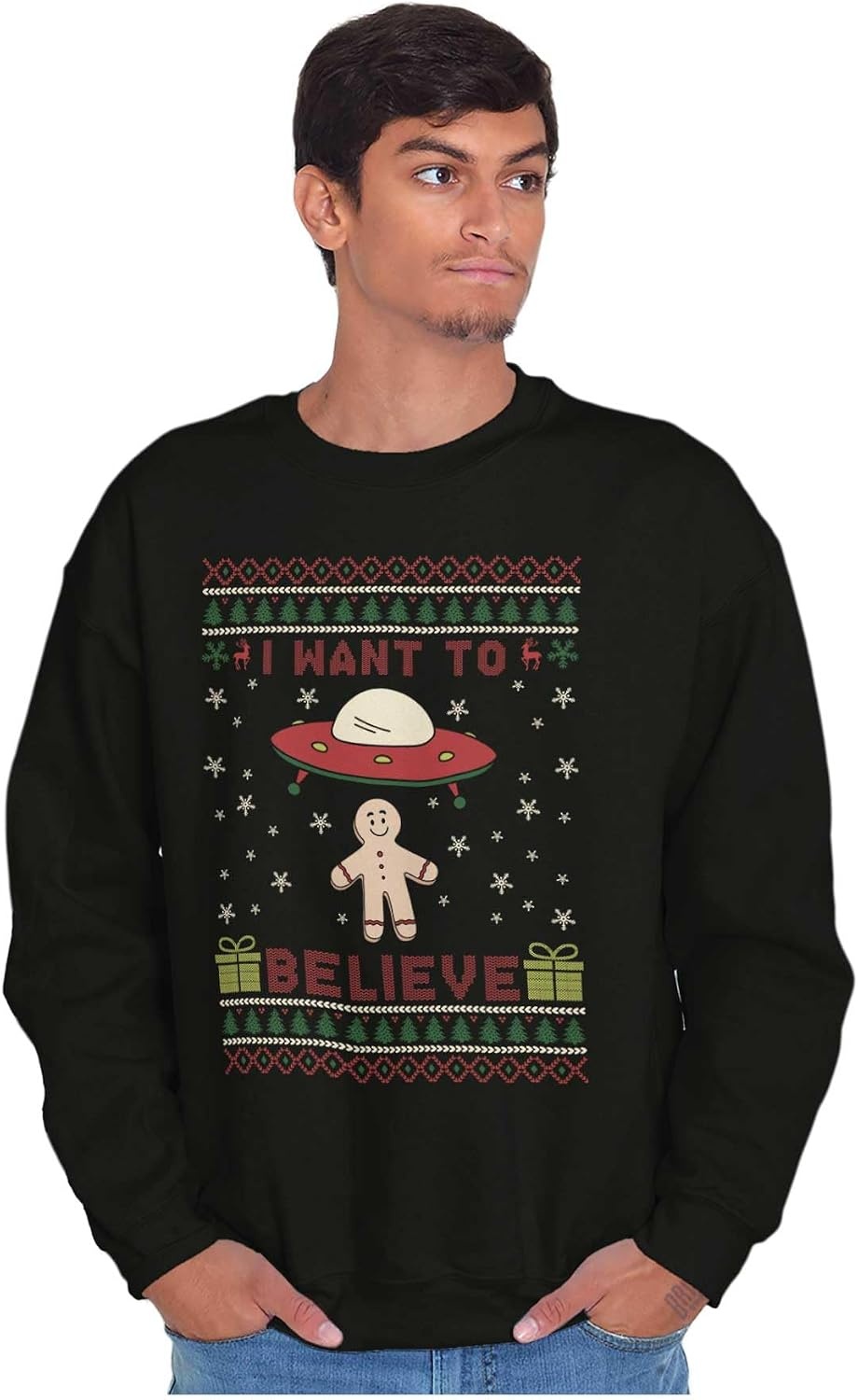 image:imageBrisco Brands Christmas Gingerbread UFO Pattern Sweatshirt for Men or WomenBlack