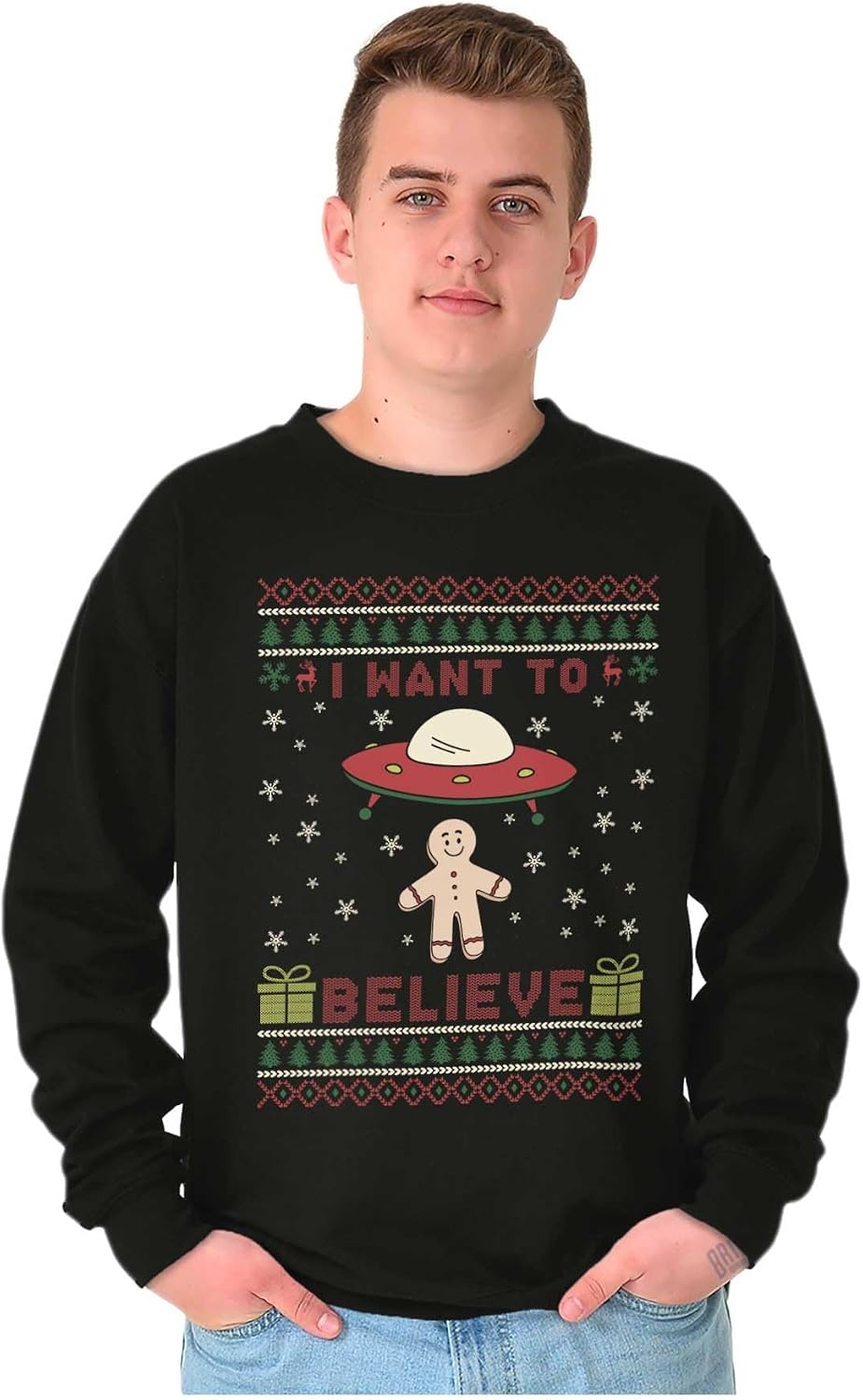 image:imageBrisco Brands Christmas Gingerbread UFO Pattern Sweatshirt for Men or WomenBlack