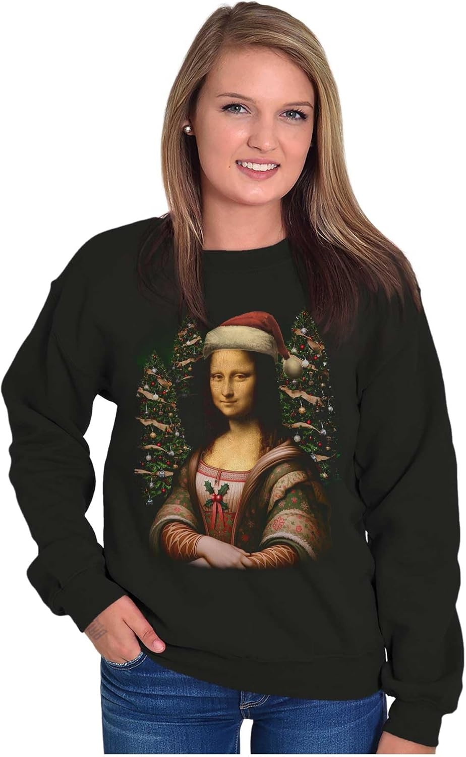 image:imageBrisco Brands Christmas Mona Lisa Santa Claus Sweatshirt for Men or WomenBlack