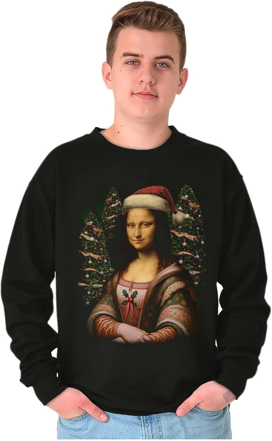 image:imageBrisco Brands Christmas Mona Lisa Santa Claus Sweatshirt for Men or WomenBlack