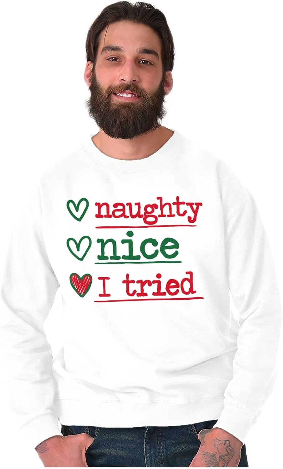 image:imageBrisco Brands Christmas Naught Nice I Tried Hearts Sweatshirt for Men or WomenWhite
