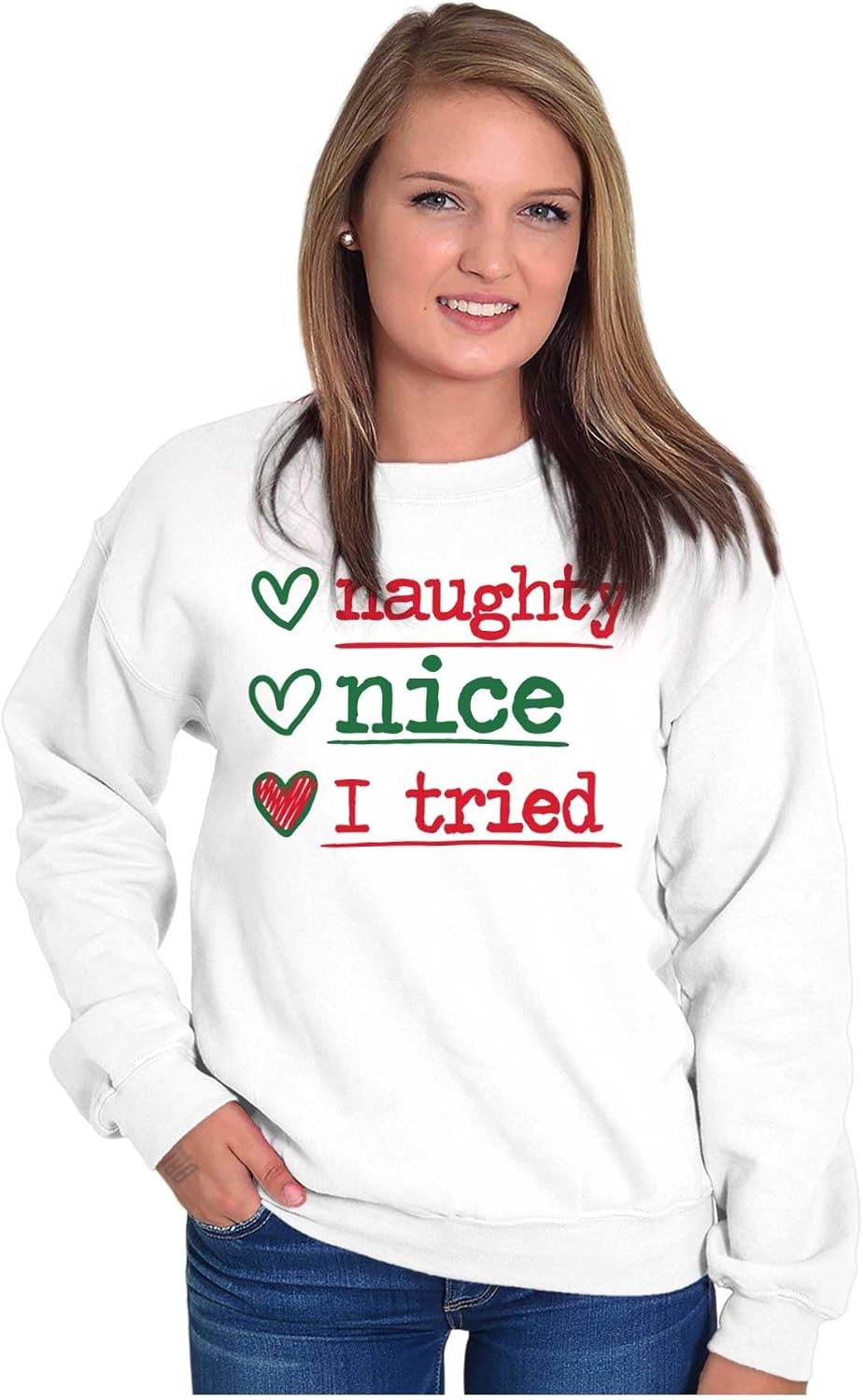 image:imageBrisco Brands Christmas Naught Nice I Tried Hearts Sweatshirt for Men or WomenWhite