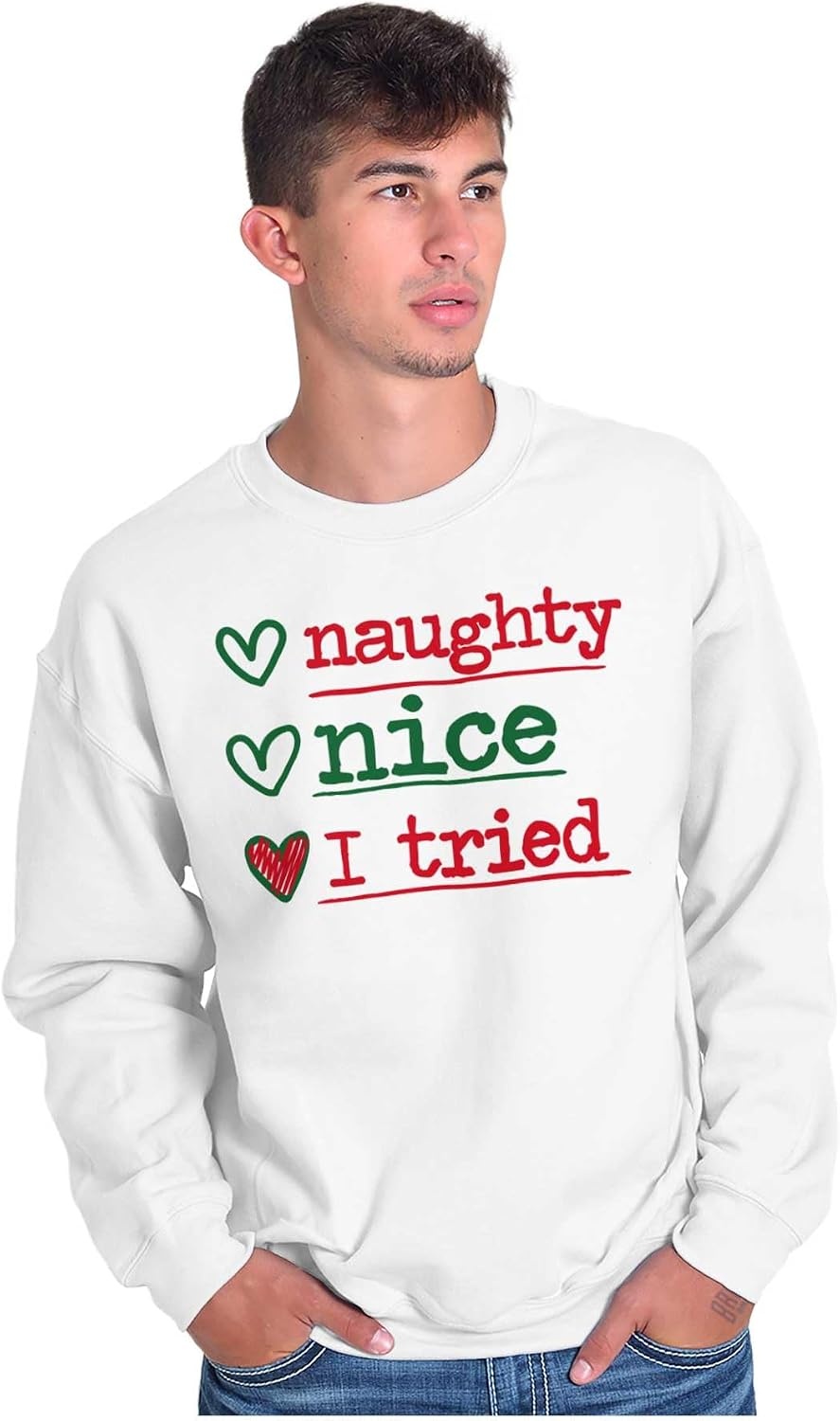 image:imageBrisco Brands Christmas Naught Nice I Tried Hearts Sweatshirt for Men or WomenWhite