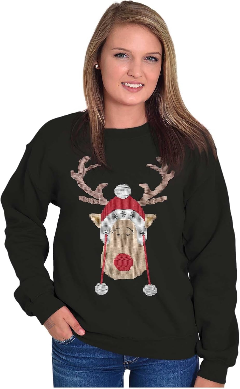 image:imageBrisco Brands Christmas Rudolph Reindeer Stitch Sweatshirt for Men or WomenBlack